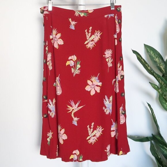 Madewell Burgundy Red Bird Of Paradise Side Button Floral Midi A-line Skirt Zero - Picture 6 of 12